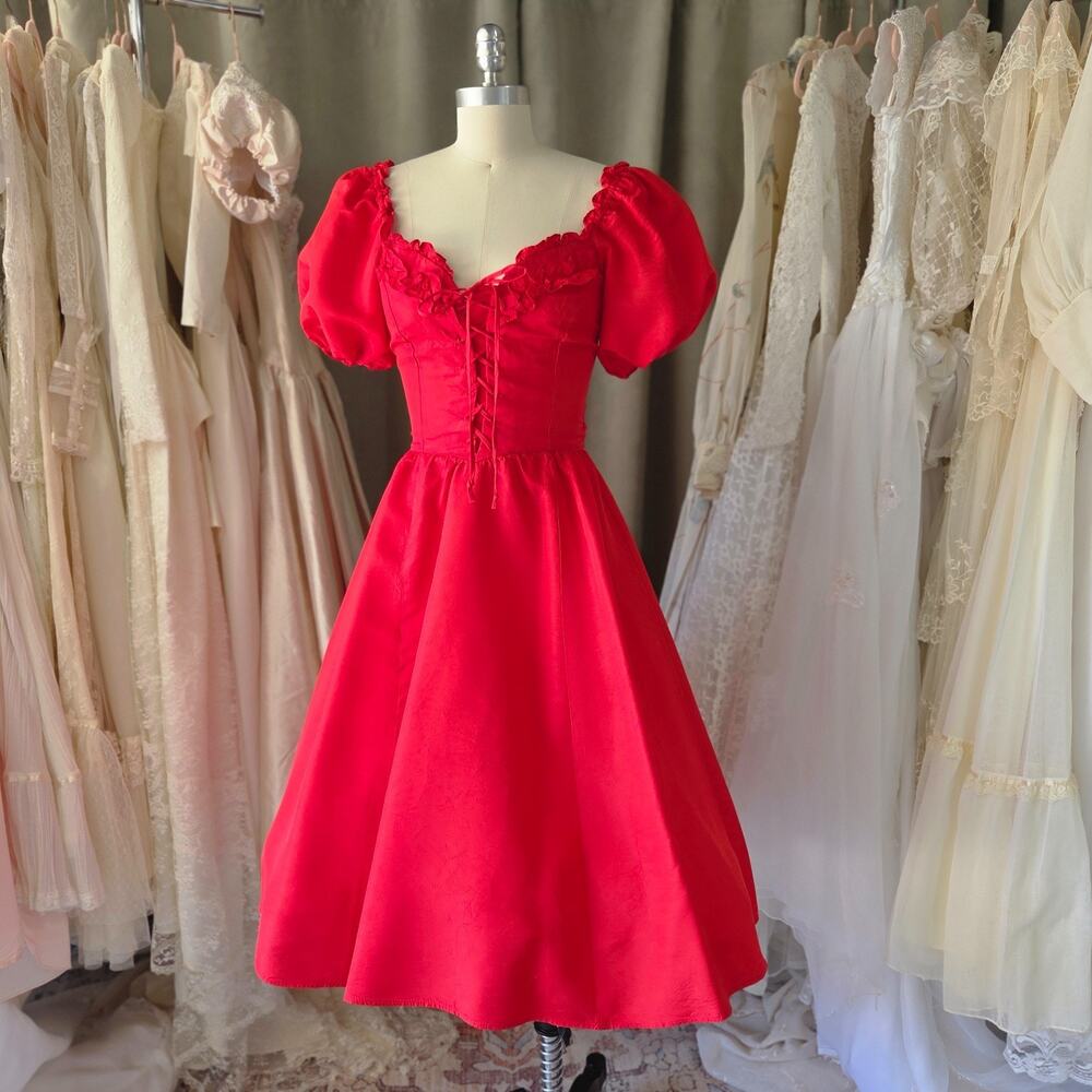 Gunne Sax Red Corset Midi Dress Size S Vintage 80s Puff Sleeve Lace Up Ren Faire